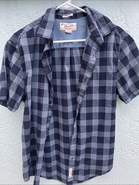 Original Penguin Navy and Light Blue Plaid Short-Sleeve Button-Up Shirt